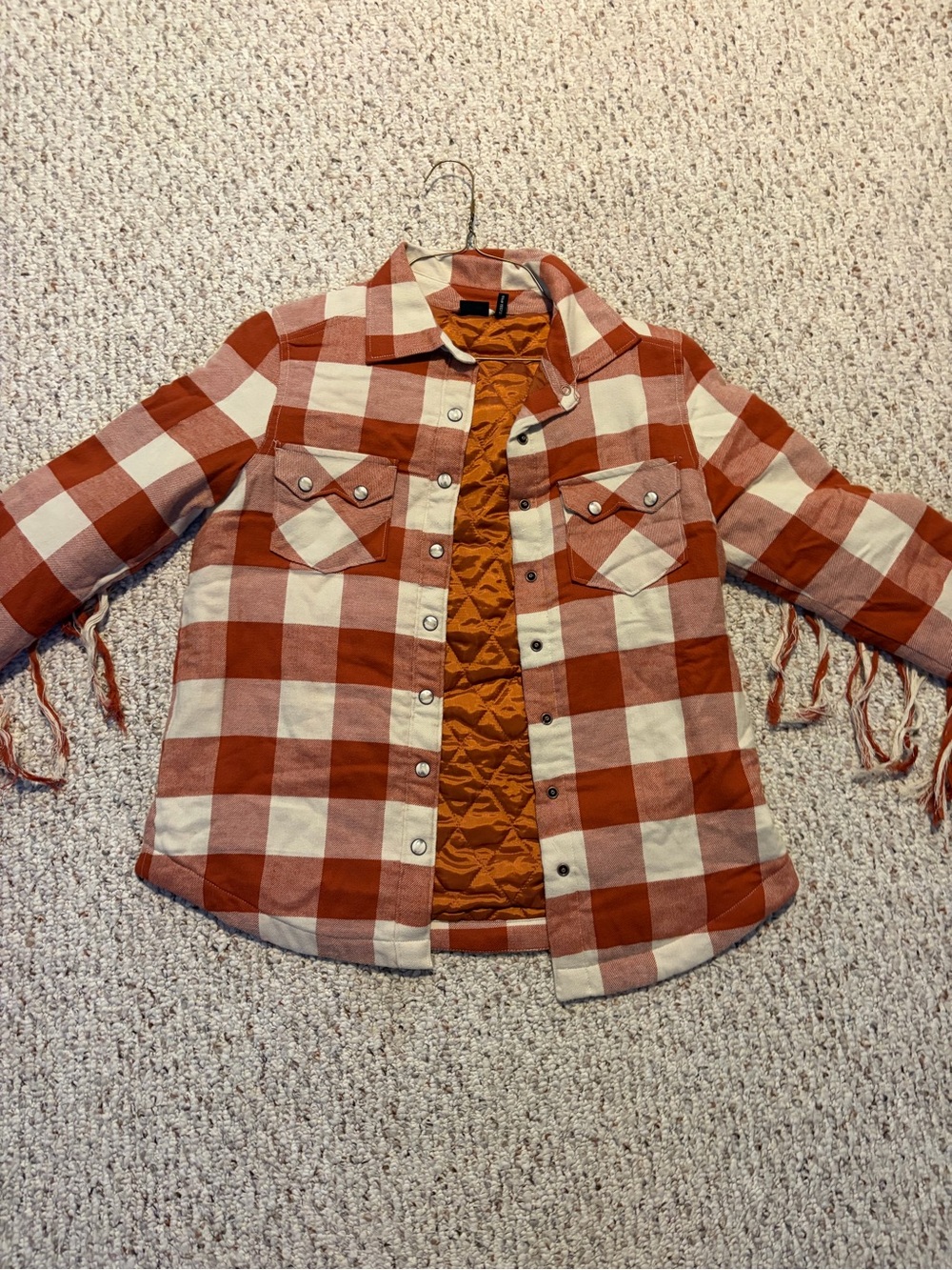 Women’s Orange Plaid Fringe Shacket Jacket